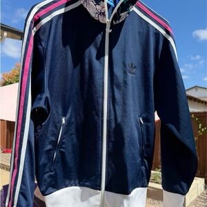Adidas Woman’s  Original Track Jacket Navy with Pink and White Stripes